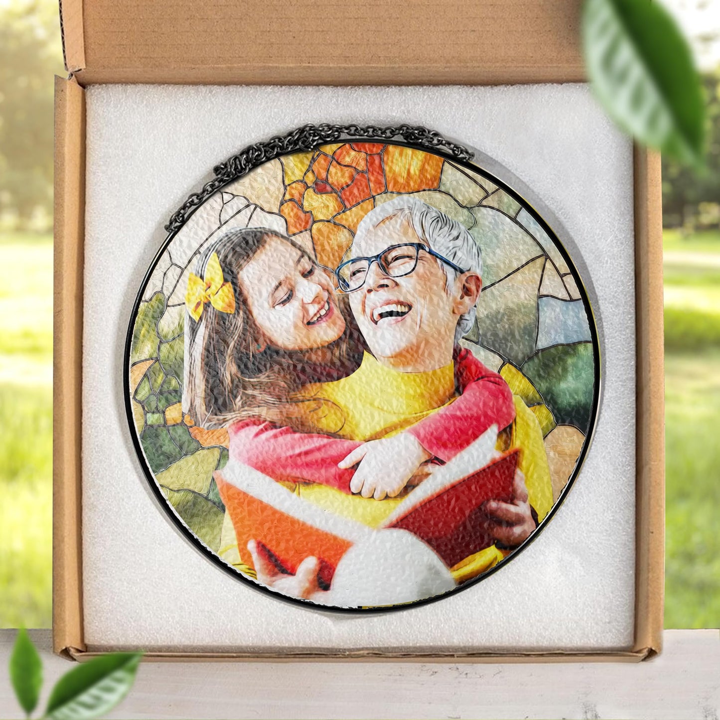 LOVELYPOD Personalized Grandma Stained Glass Sun Catcher, Photo Family Portrait Faux Window Hanging Ornament, Custom Photo Gift, Grandma Gifts, for Mom, Christmas Ornament
