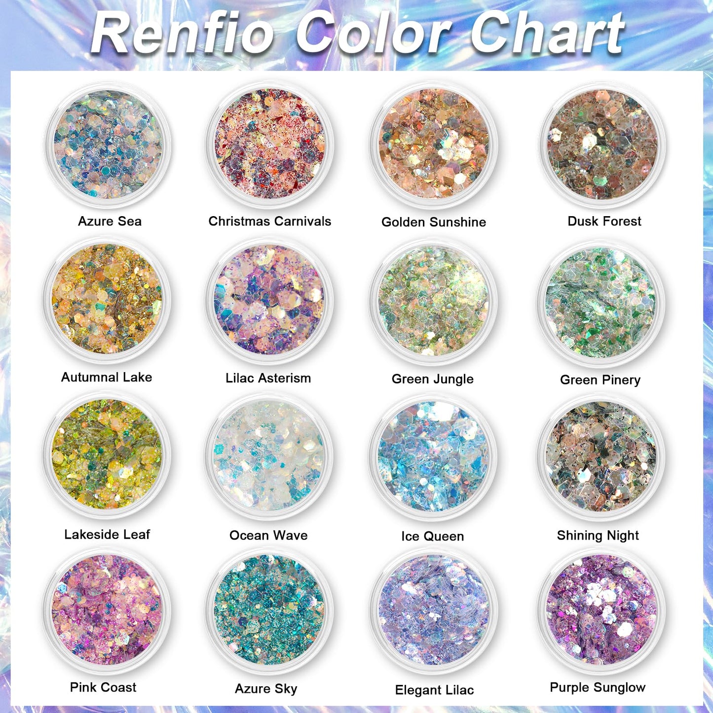 Renfio Opal Chunky Glitter Set - 16 Dreamy Amber Colors, 10g Each - Holographic Fine Glitter Mix, Iridescent Flakes for Snow Globe, Tumbler, Nail Art & DIY Crafts