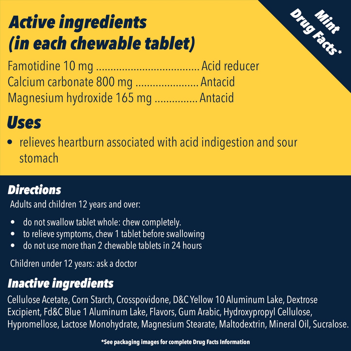 Pepcid Complete Acid Reducer + Antacid Chewables, 10mg Famotidine, 800mg Calcium Carbonate & 165mg Magnesium Hydroxide per Heartburn Medicine Tablet,Mint, 70 ct
