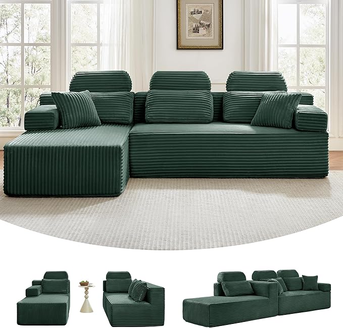 104" L-Shaped Cloud Modular Sectional Sofa with Chaise & Headrest, Boneless Deep Seat Plush Corduroy Couches for Large Living Room, No Assembly Required (Green, 104" L-shapred Chaise)