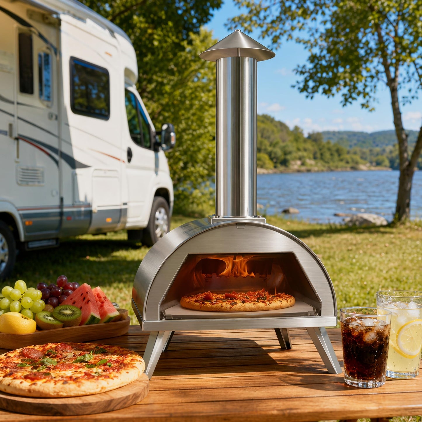 Rixordd 12" Wood Pellet Pizza Oven – Portable Stainless Steel Outdoor Pizza Maker with Built-In Thermometer, Foldable Legs, Carry Handle & Cordierite Pizza Stone for Backyard, Patio & Camping