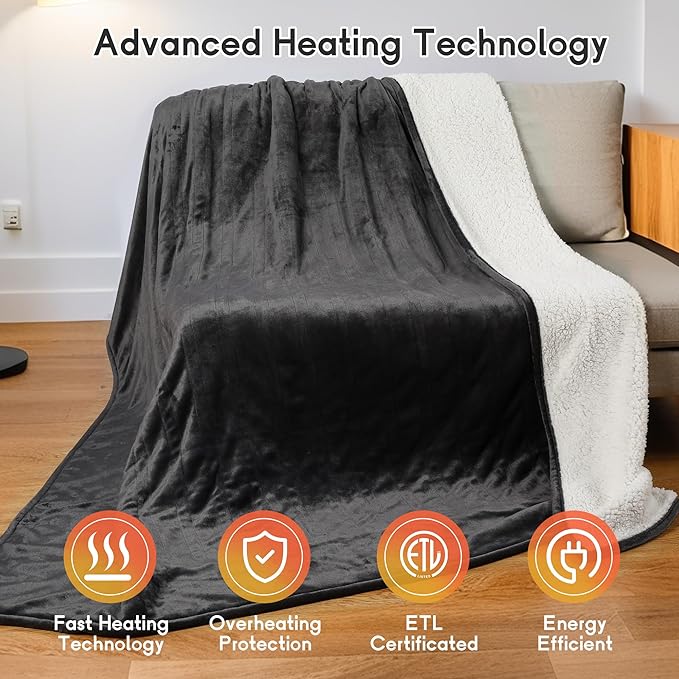Heated Blanket Electric Blanket King Size 90''x100'' with 10 Heating Levels, 1-12 Hour Auto Shut Off, Machine Washable, Dual Controller Soft Warming Blanket for Couch, Bed, Office - Dark Gray