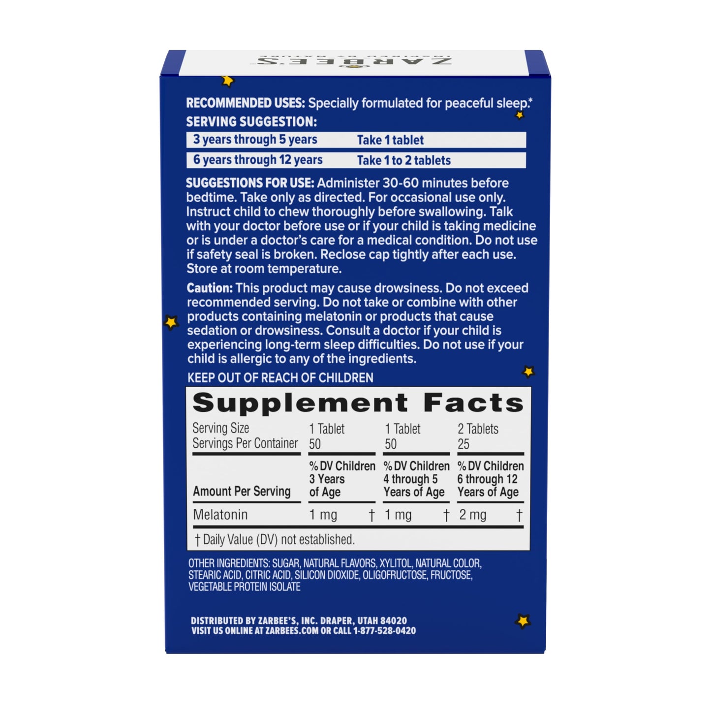 Zarbee's Kids Melatonin Chewable Tablet, 1mg Melatonin, Drug-Free & Effective Sleep Supplement, Natural Grape Flavor, No Artificial Sweeteners or Dyes, Gluten Free, Ages 3+, 50 ct