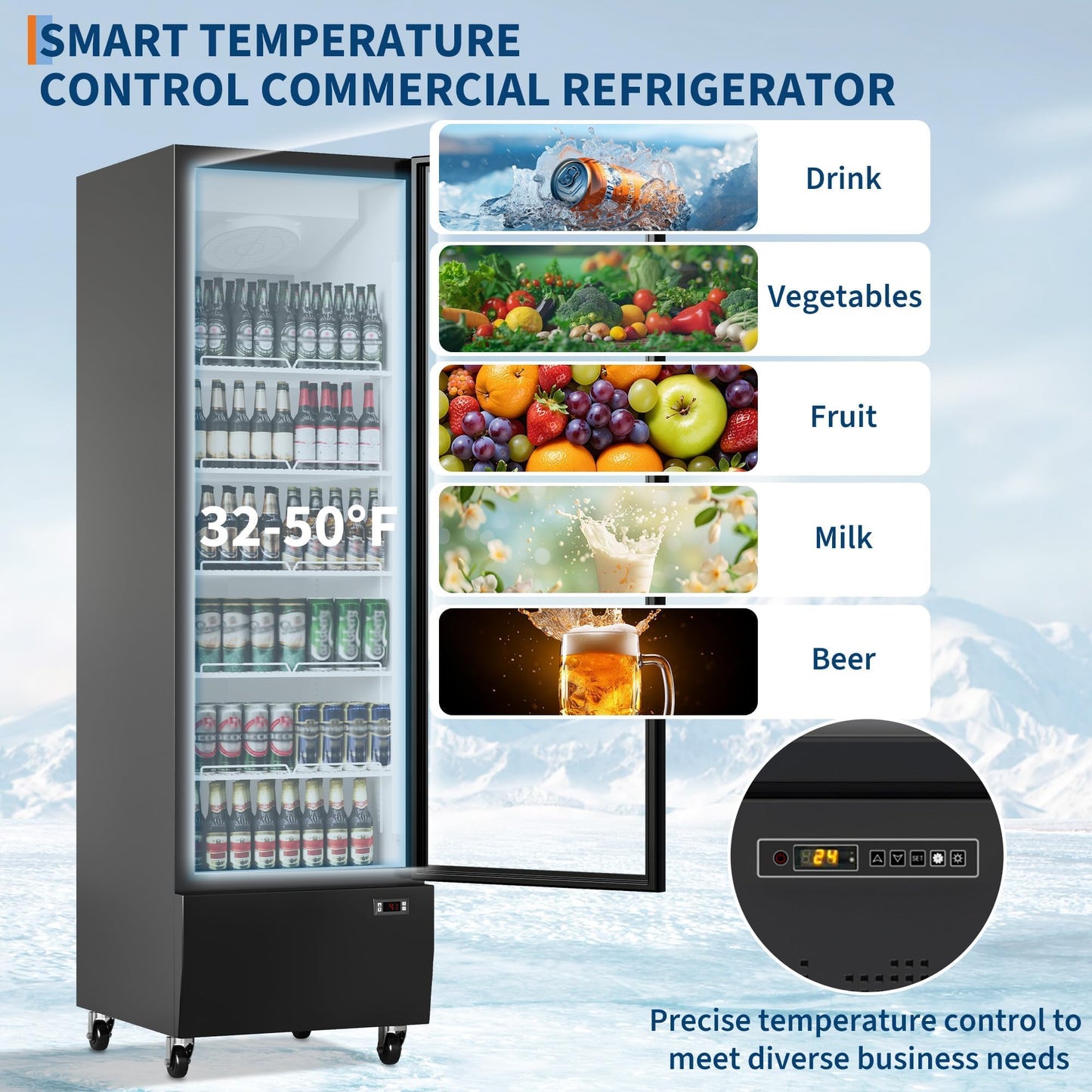IDEALHOUSE Commercial Merchandiser Refrigerator, 13.4 Cu.Ft, Glass Door, Beverage Cooler, 5 Adjustable Shelves, Bar Fridge, Commercial Display, Large Capacity, Black, For Restaurant, Store, Bar