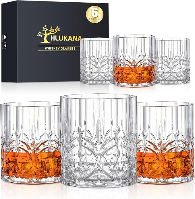 Hlukana Unbreakable Plastic Whiskey Glasses Set of 6, 14 Oz Old Fashioned Glasses for Scotch Cocktail Rum Bourbon Vodka Li...