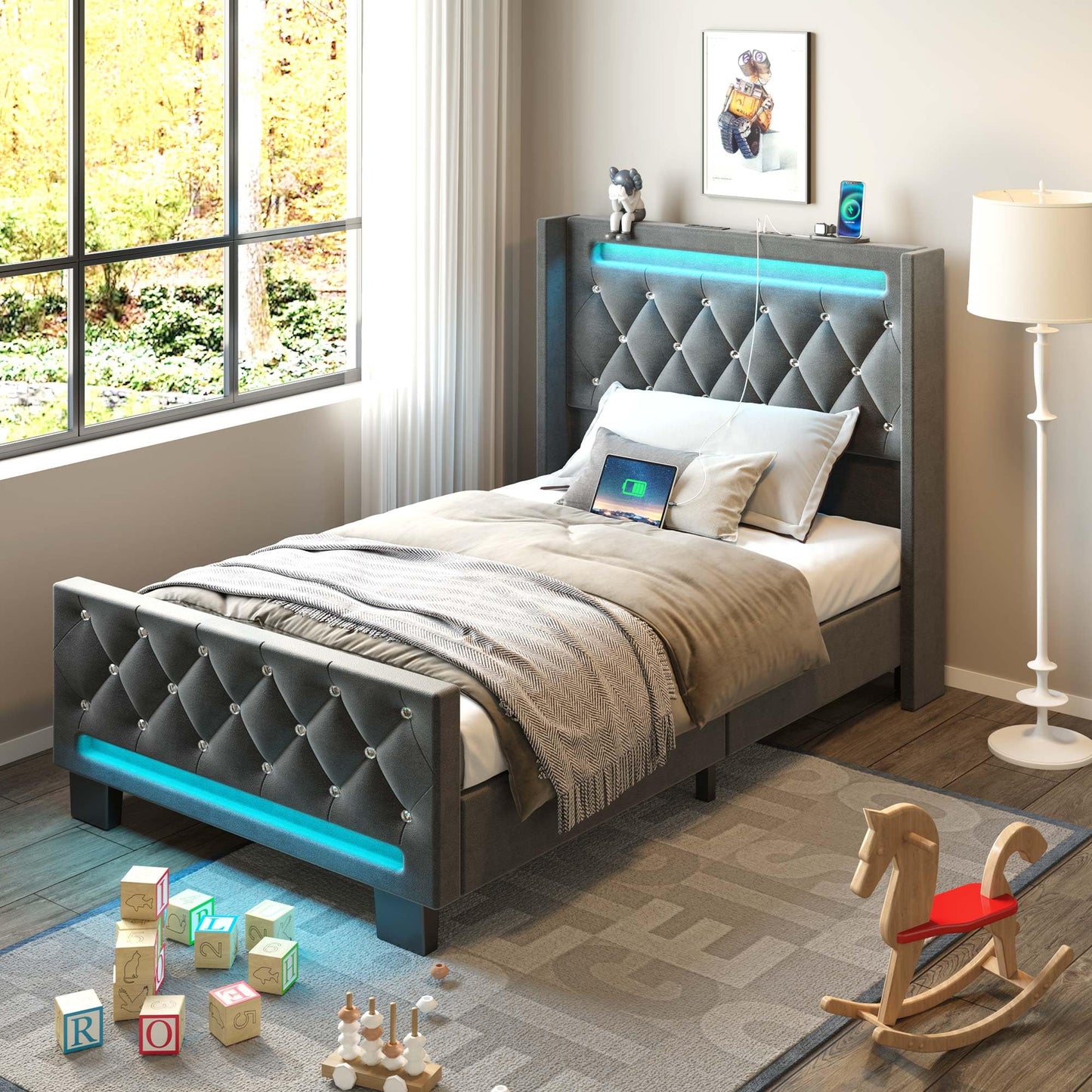 Rolanstar Twin Bed Frame with LED Light and Charging Station, Upholstered High Headboard and Footboard, Wood Slats, Noise Free, Easy Assembly, Grey