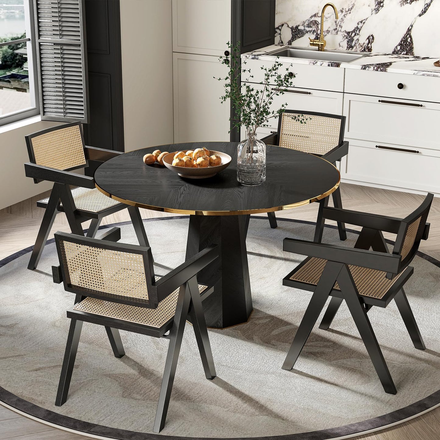 ChicAura Rattan Dining Chairs Set of 4, Mid Century Modern Dining Room Chairs Wicker Armchair Comfy Side Chair Black Wood Boho Kitchen Cane Side Chairs with Arms for Dining Room Bistro