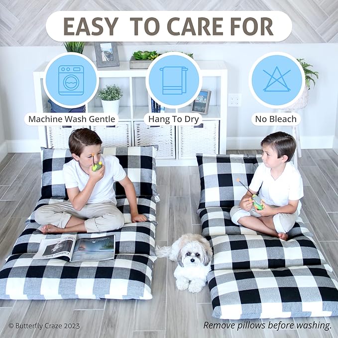 Butterfly Craze Floor Pillow Case - Transforms into Floor Bed & Sleep Mat - Ground Seating & Studio Apartment Essentials - Portable Guest Bed & Folding Mattress Alternative - King, Black/White