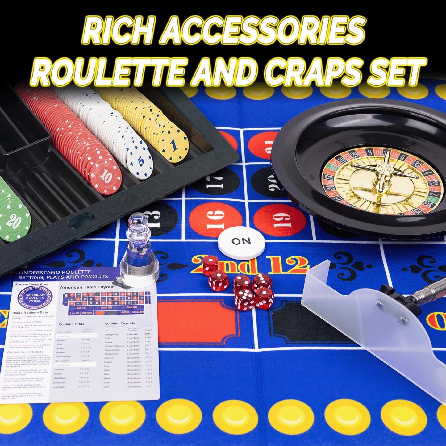 WodGod 5 in 1 Super Casino Game Set: Blackjack/Roulette/Craps/Texas Hold'em/Poker Kit with Shoe+Discard Tray+360 Chip+8 Deck Card+Roulette Wheel+2 Felt+Stratedgy Card+Chip Rake, Casino Poker Set