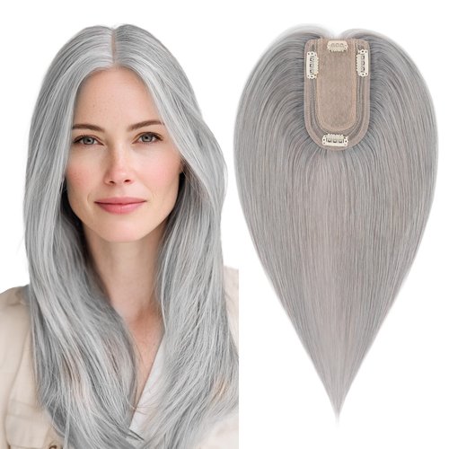SEGO Grey Hair Toppers for Women Real Human Hair No Bangs, 7 * 13 CM Silk Base Clip In Topper Wiglet, Top Pieces for Women with Thinning Hair -6 Inch G1 Silver Grey