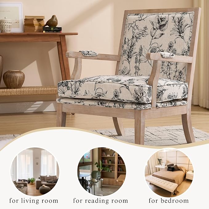 DM Furniture Floral Accent Chair Mid-Century Modern Living Room Chairs Upholstered Fabric Reading Chair Lounge Armchair with Solid Wood Frame & Removable Cushion for Bedroom, Balcony, Floral Pattern