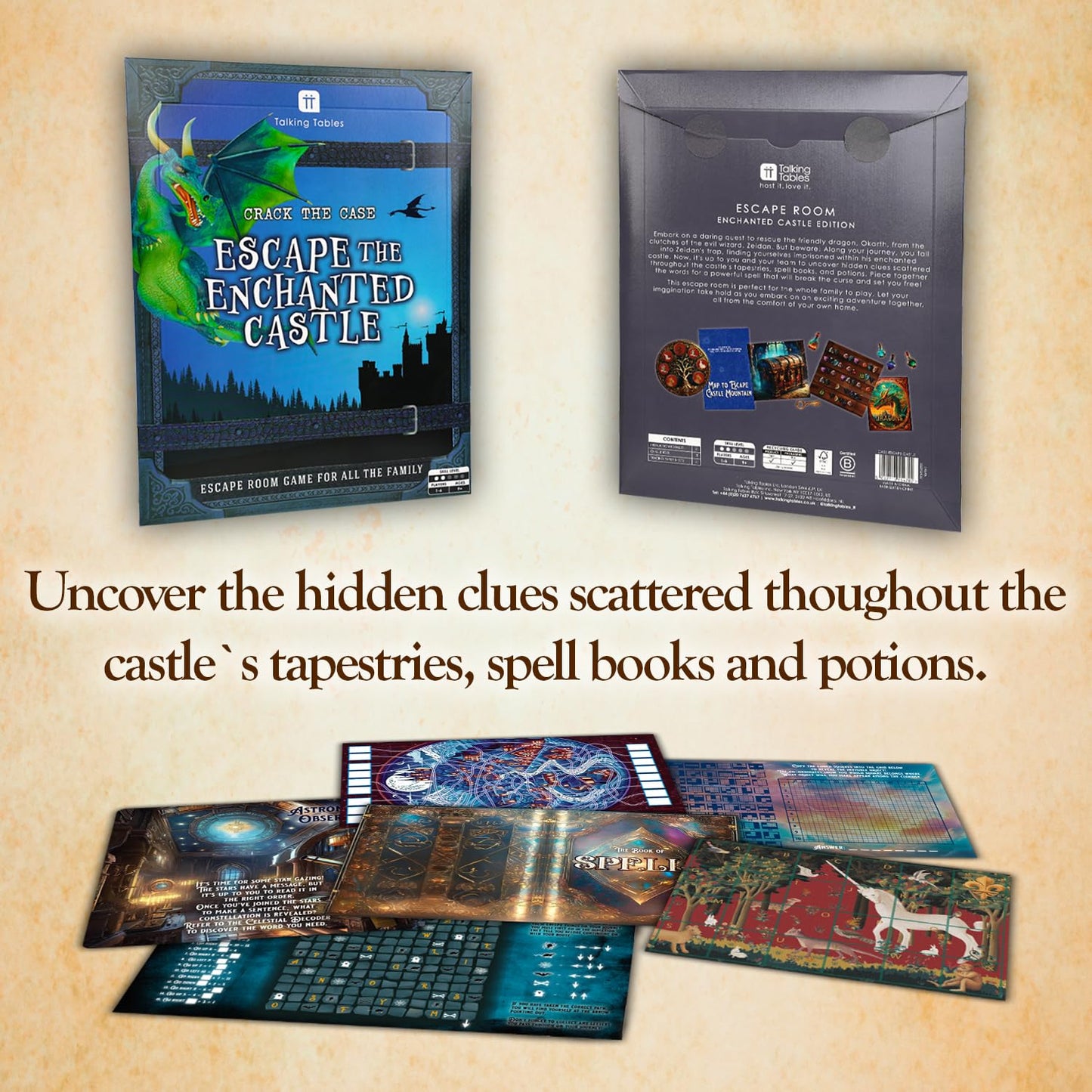 Talking Tables Enchanted Castle Escape Room Game for Kids, Rescue The Dragon, Puzzles, Clues, QR Codes., Music, Family Games, Adults, Brain Teaser Puzzles Ages 9+, 1-6 Players