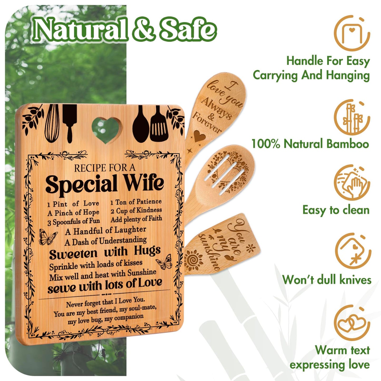 Gifts for Wife - "Recipe for a Special Wife" Birthday Gifts for Wife Cutting Board Set, Bamboo-Made Engraved Utensil Set Wife Gifts for Birthday/Christmas Gifts for Wife