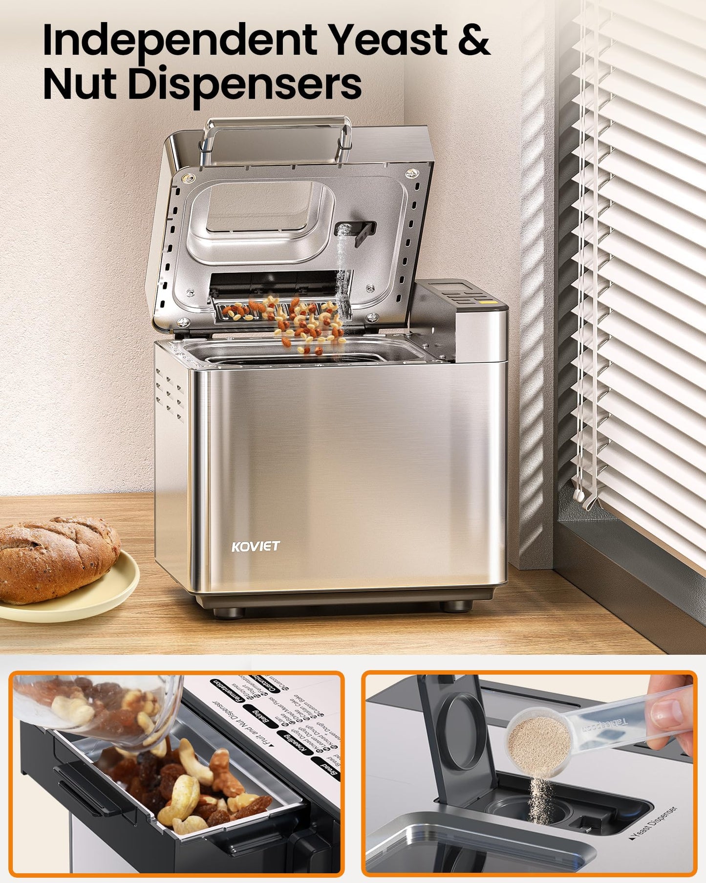 KOVIET 25-in-1 Bread Maker Machine with Automatic Dual Dispenser, 2LB Stainless Steel Breadmaker with Gluten-Free, Dough, Jam, Yogurt etc Settings, Silver