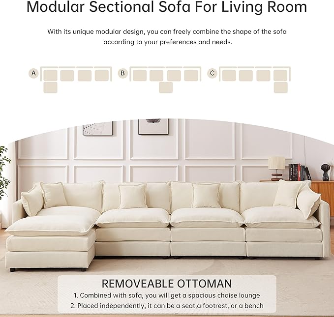 saows Modular Sectional Sofa, 147.2 Inch L Shaped Couch Set with Armrests, 4-Seater Comfy Cloud Couches with Movable Ottoman for Living Room Apartment, Beige