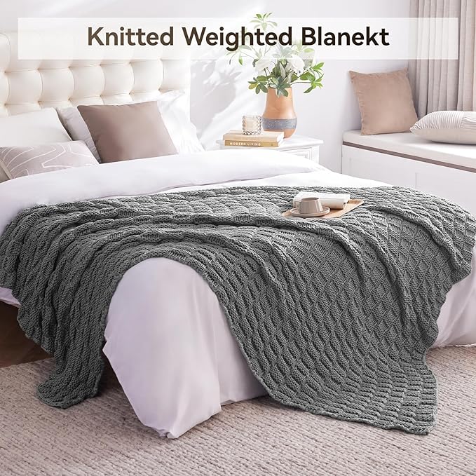 Knitted Weighted Blanket for Adult, No Beads Heavy Blanket 50” x 60'' 5lbs, Breathable Chunky Knit Blanket, Cooling Weighted Blanket for Hot Sleepers, Christmas Home Decor (Light Grey)