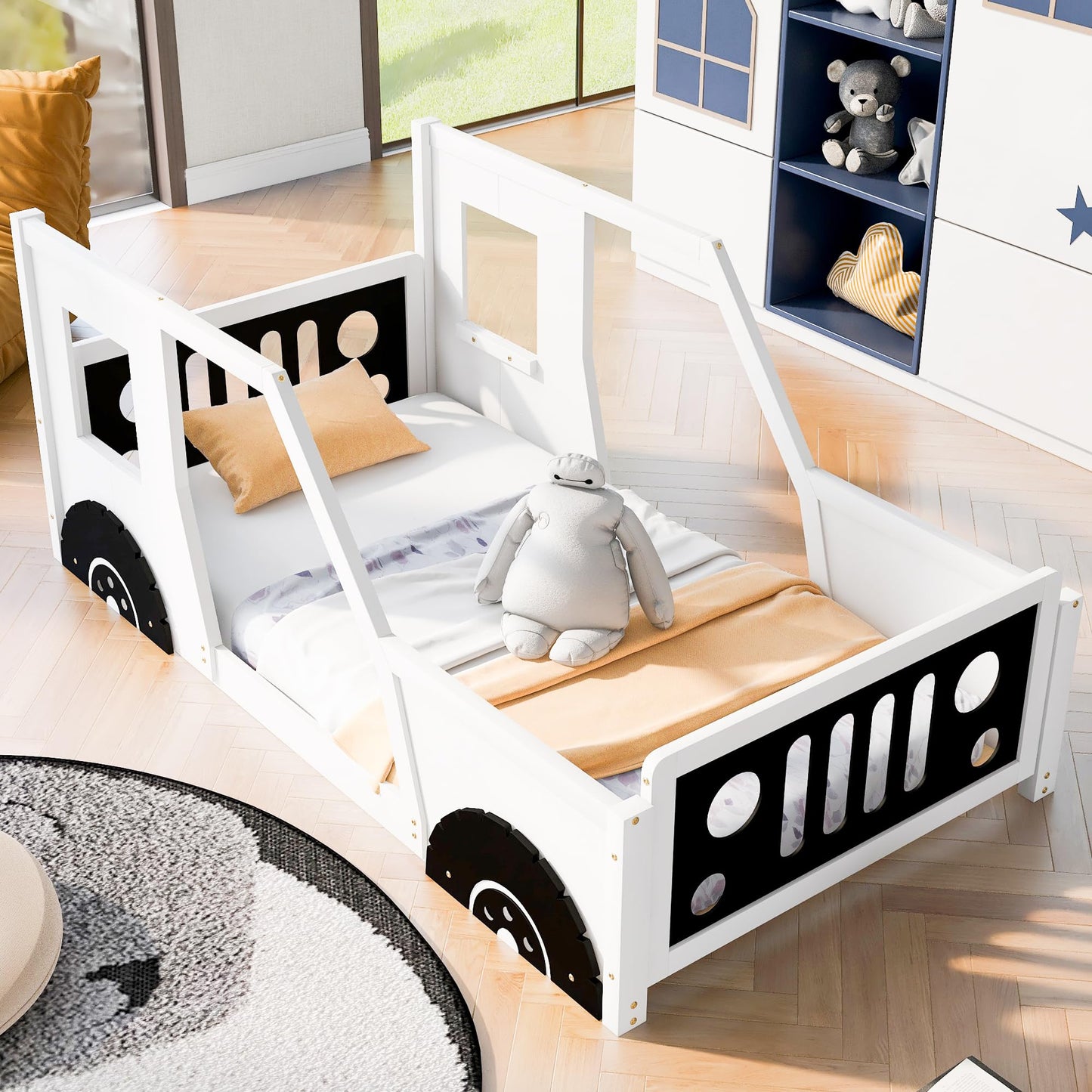 Twin Size Car Bed, Wood Floor Bed Frame with Headboard & Footboard and 4 Side Rails, Kids Racecar Bed for Boys Girls Teens, White
