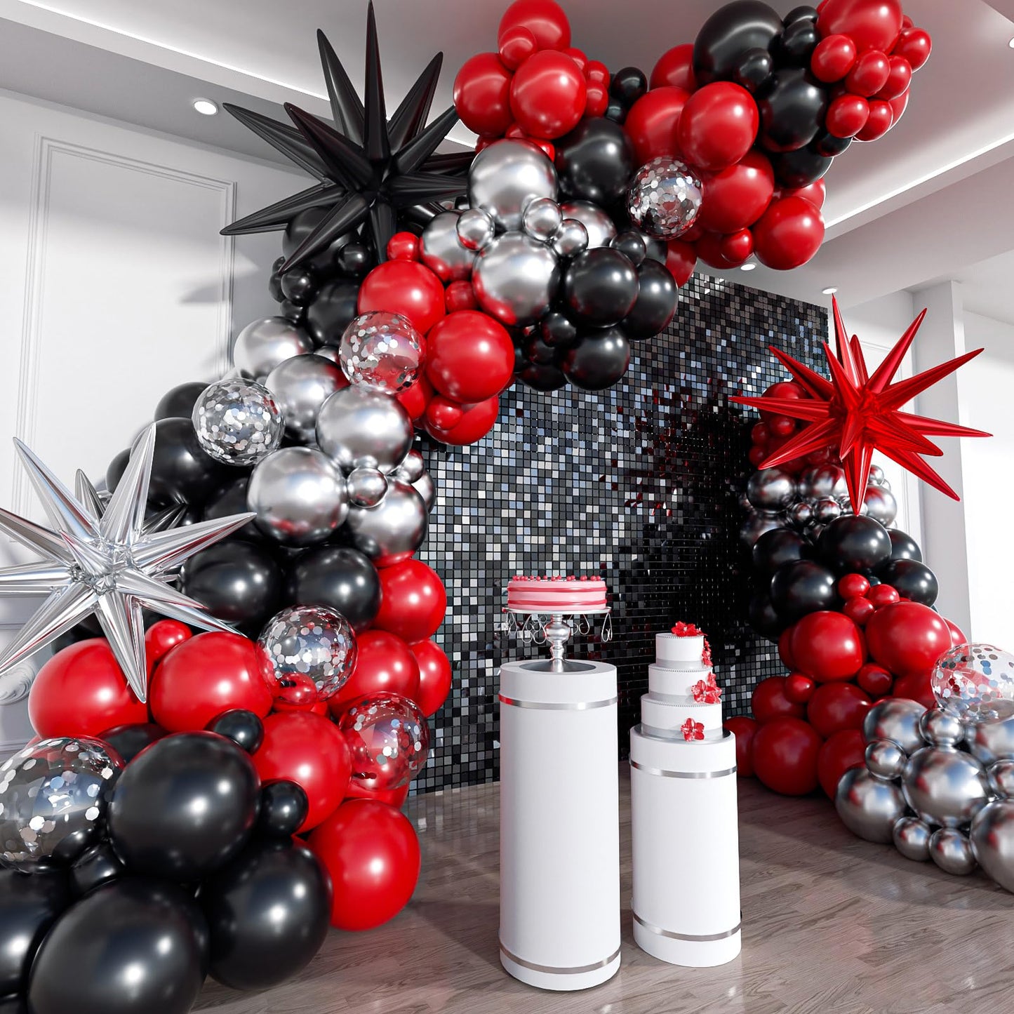 ADOINBY Red and Black Silver Balloon Arch Kit - 201Pcs Explosion Star Red Black Metallic Silver Balloon Garland kit Different Size Balloons for Anniversary Birthday Racing Car Poker Party Decoration