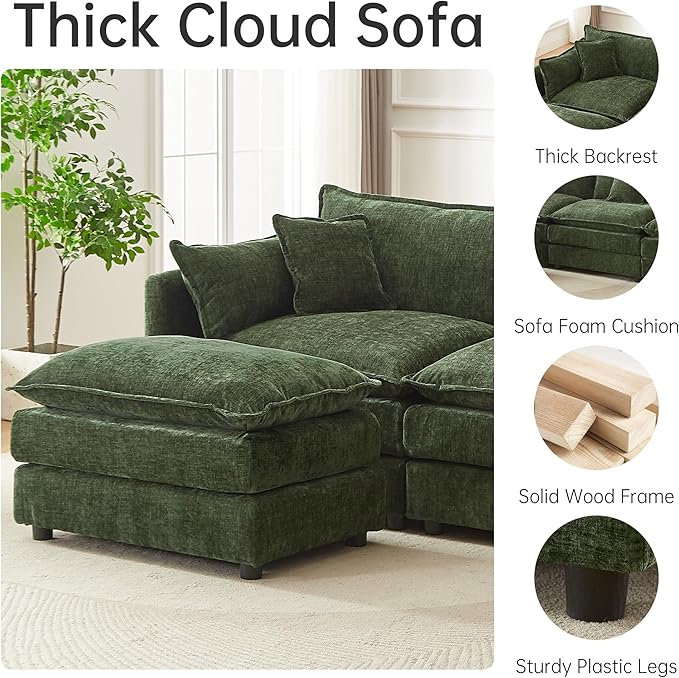 saows Modular Sectional Sofa, 112.2 Inch Rectangle Shaped Couch Set with Armrests, 3-Seater Comfy Cloud Couches for Living Room Apartment, Green