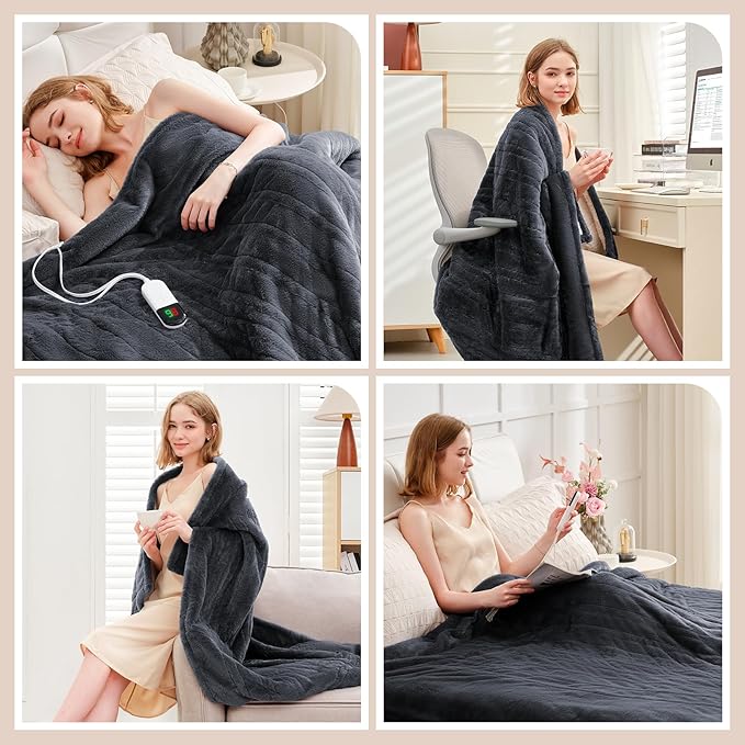 Premium Heated Throw Blanket 50"×60" - Ultra Cosy Soft Electric Blanket with 8 Heating Levels,Plush Fast Heating Faux Rabbit Fur Blanket for Bed & Couch - Auto Shut Off,Machine Washable(Grey)