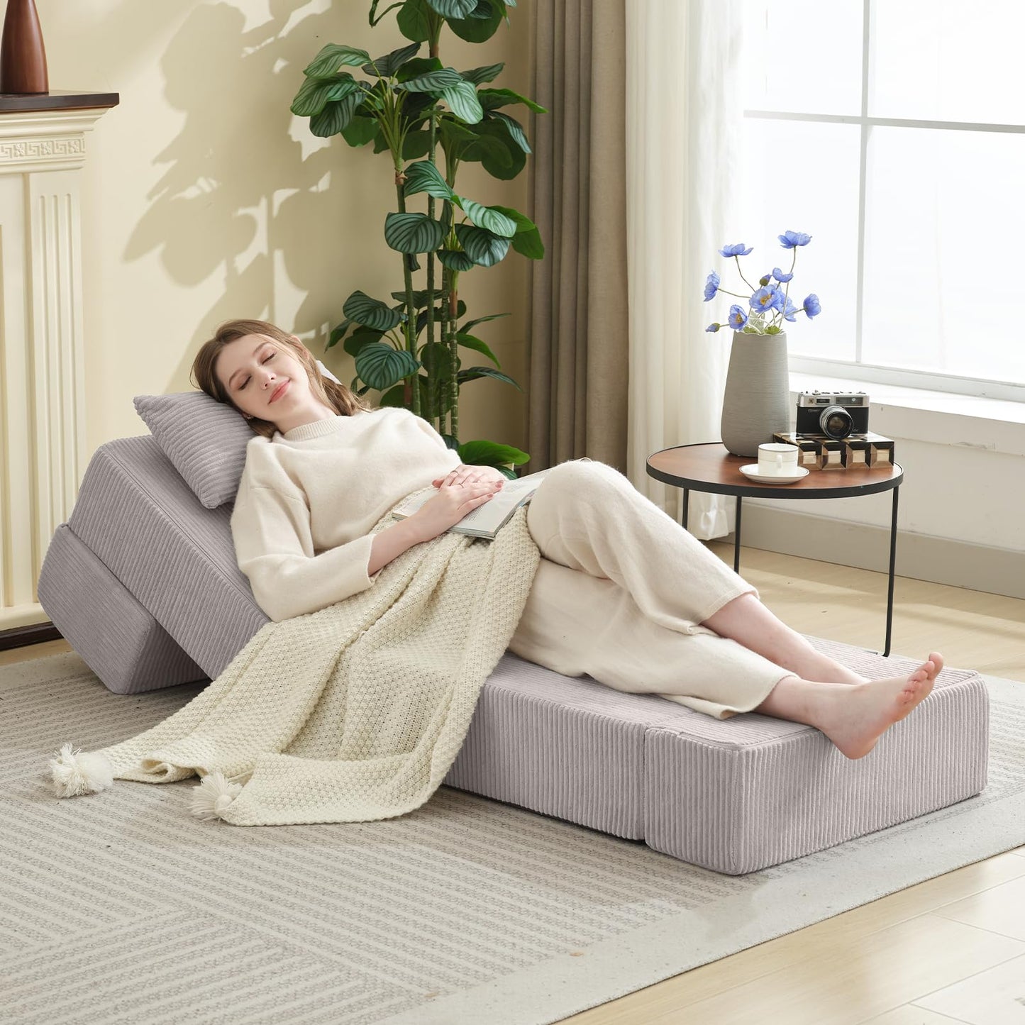 Estevo Folding Sofa Bed,Convertible Fold Out Couch,Portable Foldable Floor Mattress Sleeper Chair with Pillow,Adjustable Backrest Support,Lazy Sofa for Living Room,Single,Light Grey