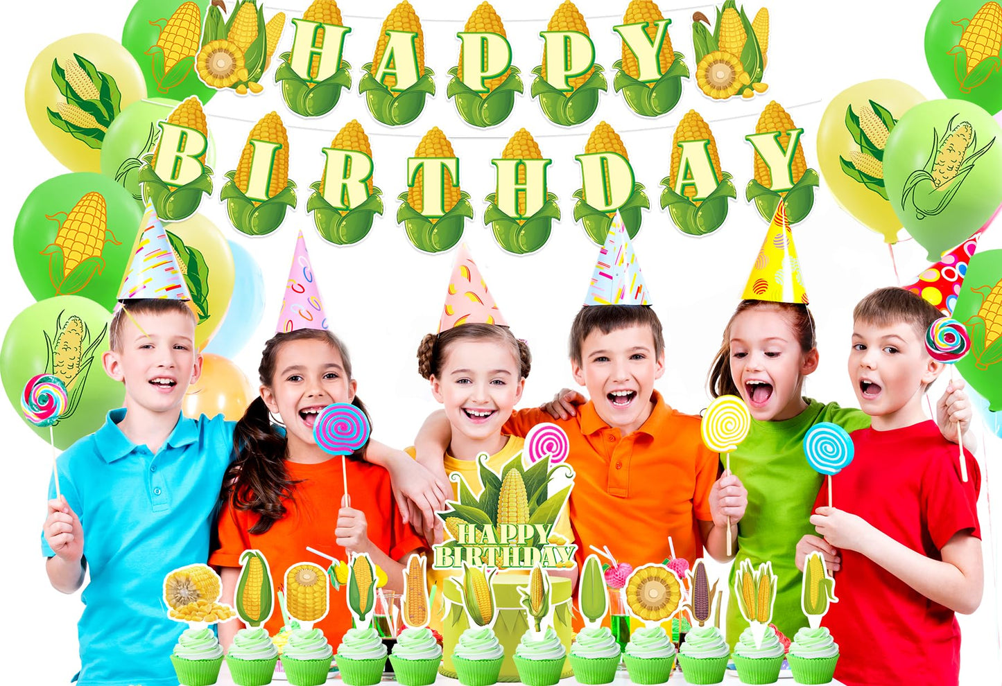 Corn Party Decorations Vegetable Birthday Supplies - Happy Birthday Banner, Cake Topper, Cupcake Toppers, Balloons for Baby Shower, Wedding - Vegetable Party Decorations