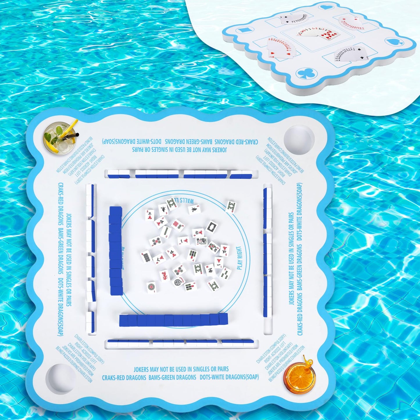 Mahjong Game Floating Table with Rules for Pool Double Side Poker Float Board for Card Games Scrabble Dominoes Mahjong Game Tray for Water Swimming Pool and Hot Tub Summer Beach Party Supplies