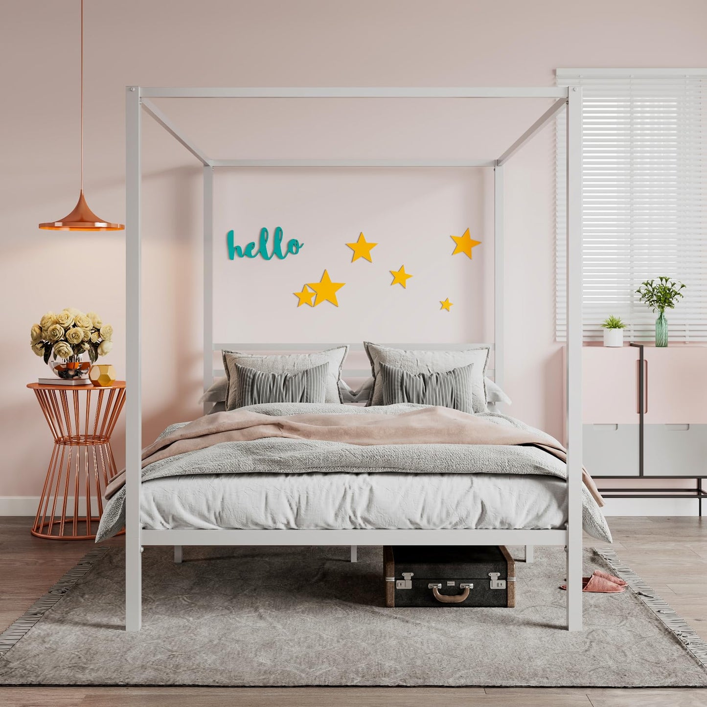 SHA CERLIN Canopy Bed Frame Full Size/Mattress Foundation with Metal Slats Support/No Box Spring Needed/Easy Assembly/White