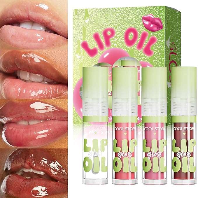 4 Pack Hydrating Glow Lip Oil Makeup Set for Women, Moisturizing Lip Gloss with Glow Finish, Long Lasting Nourishing Lip Care Fat Oil Lip Drip, Sweet Candy Scent (SET A, LIGHT)