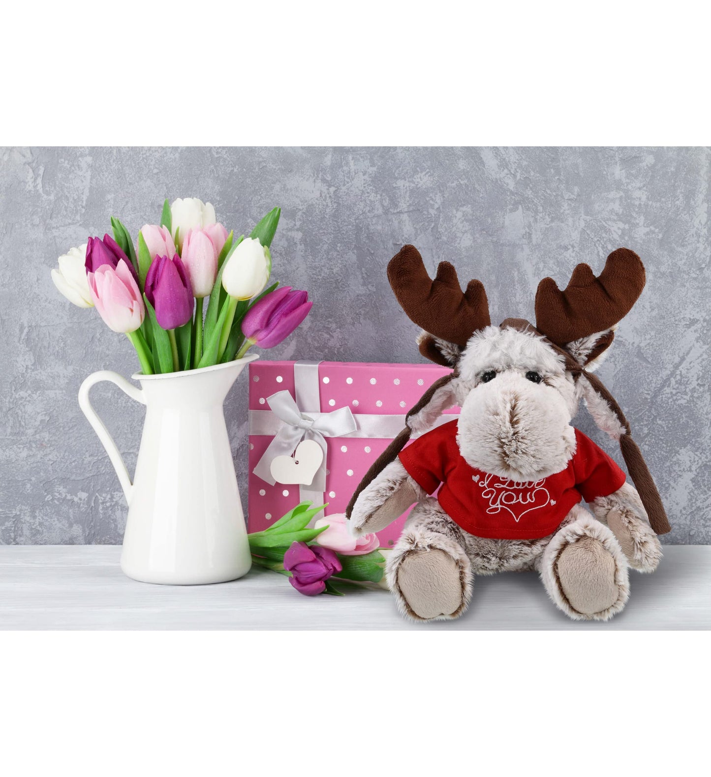 DolliBu I Love You Valentine Plush Moose with Clothes - Cute Stuffed Animal with Red Shirt and Name Personalization Gift for Valentines Day, Birthday, Anniversary, Romantic Date - 9 Inches