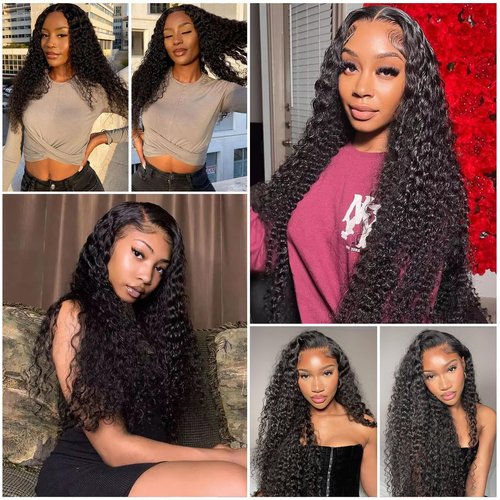 13x6 Deep Wave Lace Front Wigs Human Hair 200 Density HD Transparent Lace Front Wig 24 inch Curly Lace Frontal Wigs for Women Pre Plucked Natural Black