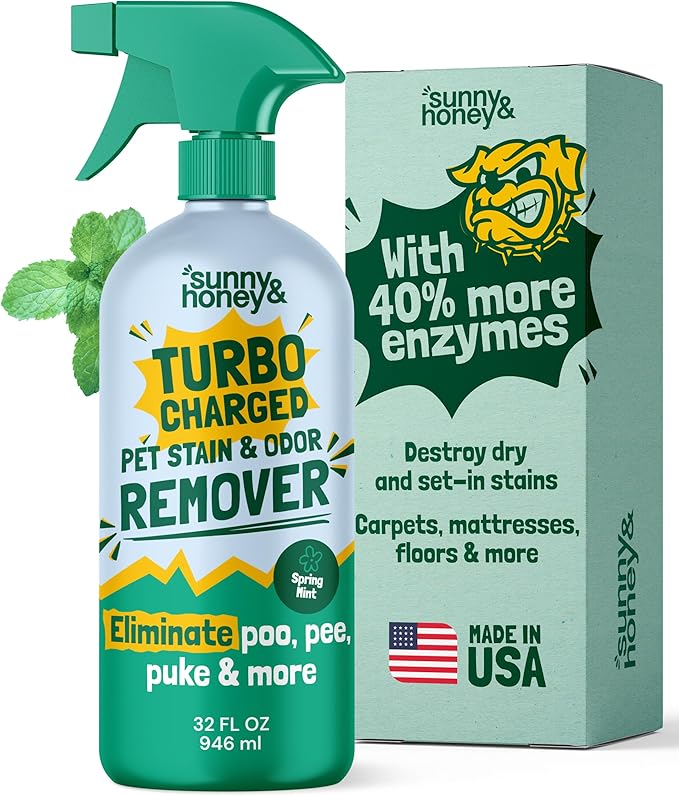 Sunny & Honey Carpet Cleaner Spray - 32 Fl Oz, Spring Mint - 40% More Enzymes & Carpet Stain Remover - Pet Urine Enzyme Cleaner & Floor Deodorizer - Pet & Kid Safe Rug Cleaner