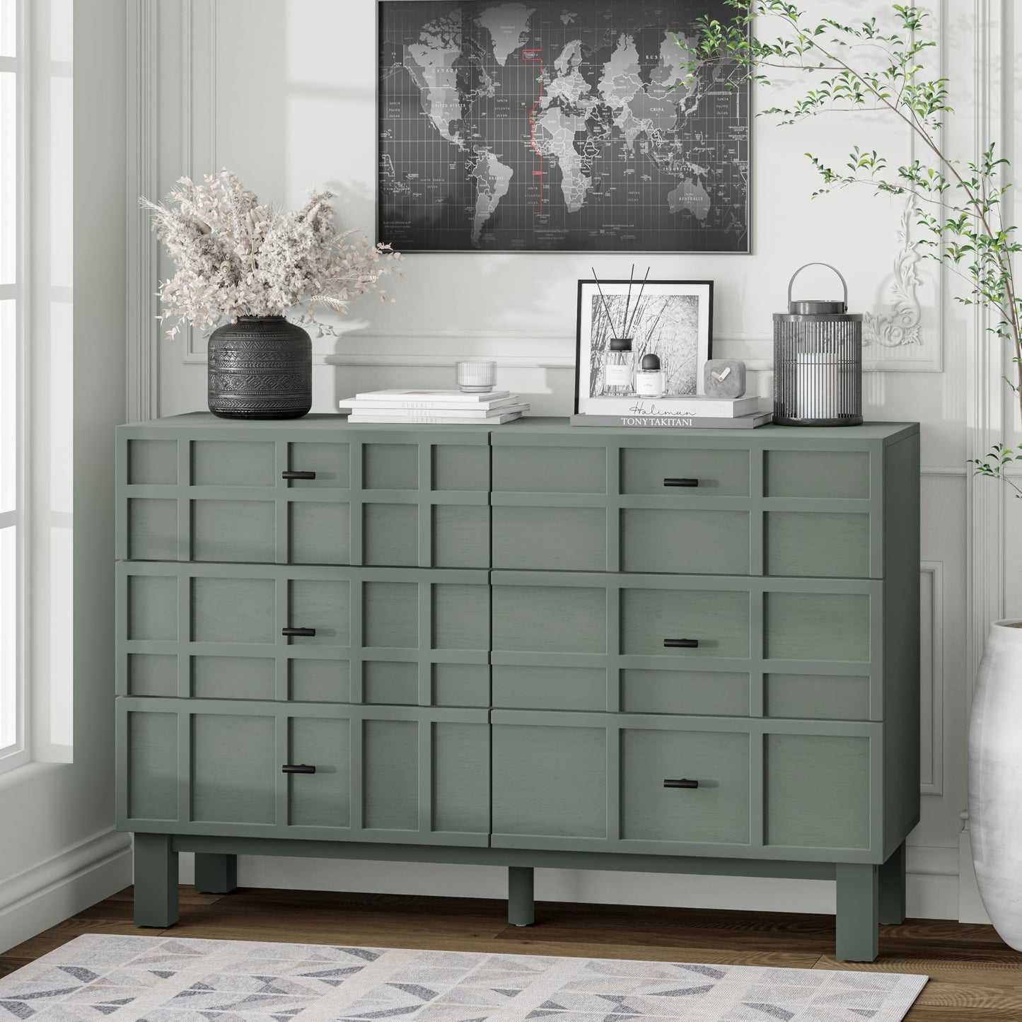 Aoikax Modern 6 Drawer Double Dresser with Grid Carved Pine Front, Minimalist Chest of Drawers with Large Storage Space Metal Base for Bedroom, Ash Veneered Top, Metal Legs, Light Green