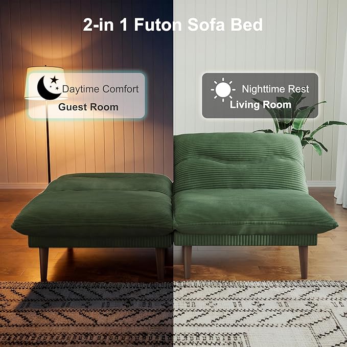 DreamDashio Futon Sofa Bed, 4 in 1 Multi-Functional Futon Couch with Adjustable Backrest, 75 inch Convertible Sleeper Sofa Bed and Recliner Lounge, Corduroy Loveseat for Living Room, Apartment, Green