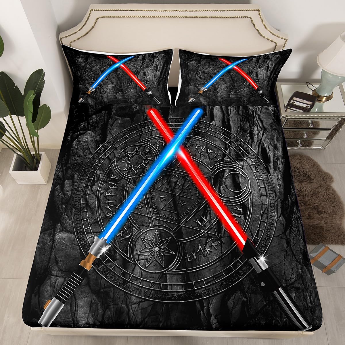 Lightsaber Fitted Sheet Twin Size,3D Neon Blue Red Bedding Set 2 Pcs with 1 Pillowcase,Geometric Sun Moon Pattern Bed Sheets,Kids Boys Teens Room Decor,Black Cool Deep Pocket Sheet, (No Flat Sheet)