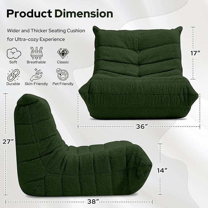 HABUTWAY Bean Bag Chairs Fireside Lazy Floor Sofa, Soft Teddy Fleece Bean Bag Sofa with High-Resilience Foam Filling，Beanbag for Living Room, Bedroom, Office (Green Teddy)