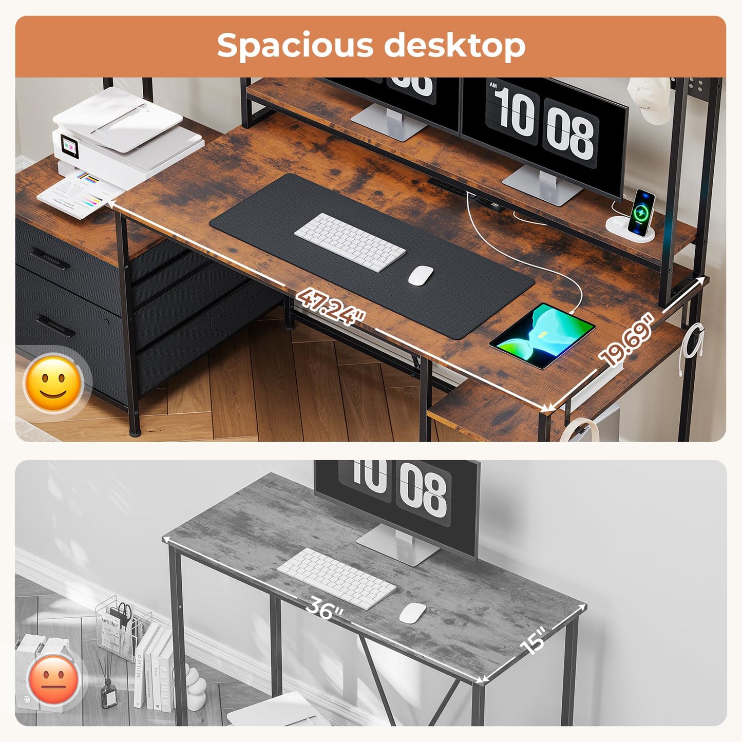 UPOSOJA Gaming Desk with Hutch, 65in Reversible Computer Desk with Power Outlets LED Light, Home Office Desk with Monitor Stand 2 Drawers 4 Storage Shelves Pegboard 8 Hooks Mouse Pad (Brown)