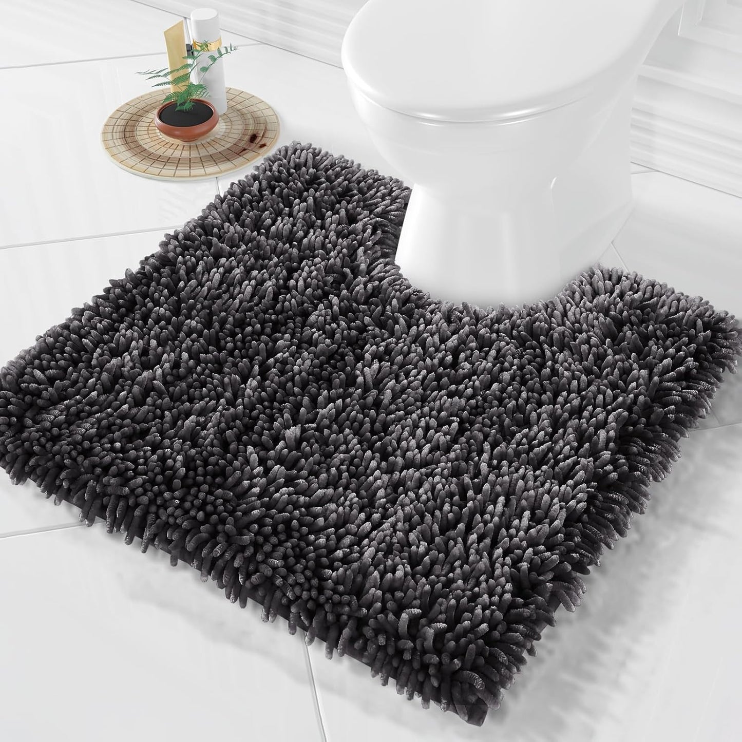 Yimobra Toilet Rugs U Shaped Washable, Extra Thick Soft Absorbent Chenille Contour Bathroom Rugs for Toilet 24x24 Inch, Quick Dry Non Slip Toilet Mat for Bath Floor, Dark Grey