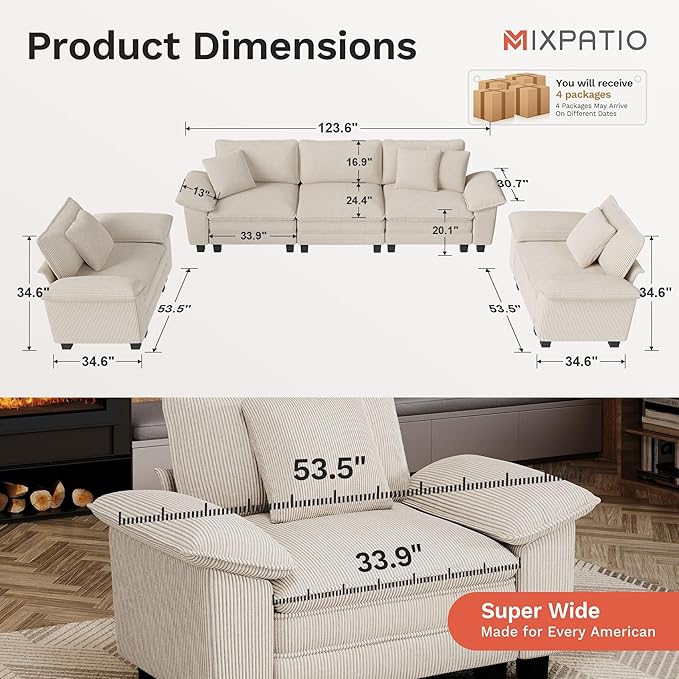 MIXPATIO Cloud Couch Sectional Sofa Set, Plush 24.4-Inch Deep 5-Seat Sectional with Velvety c& Removable Arms for Living Room and Apartment, Beige