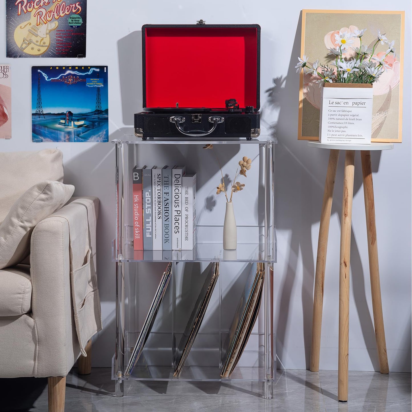 Antilope 18x14 Acrylic Record Player Stand with Vinyl Storage, 3 Tiers Large Turntable Stand Holder Up to 200 Albums, Record Player Table Cabinet Organizer for Living Room Bedroom Corner (Clear)
