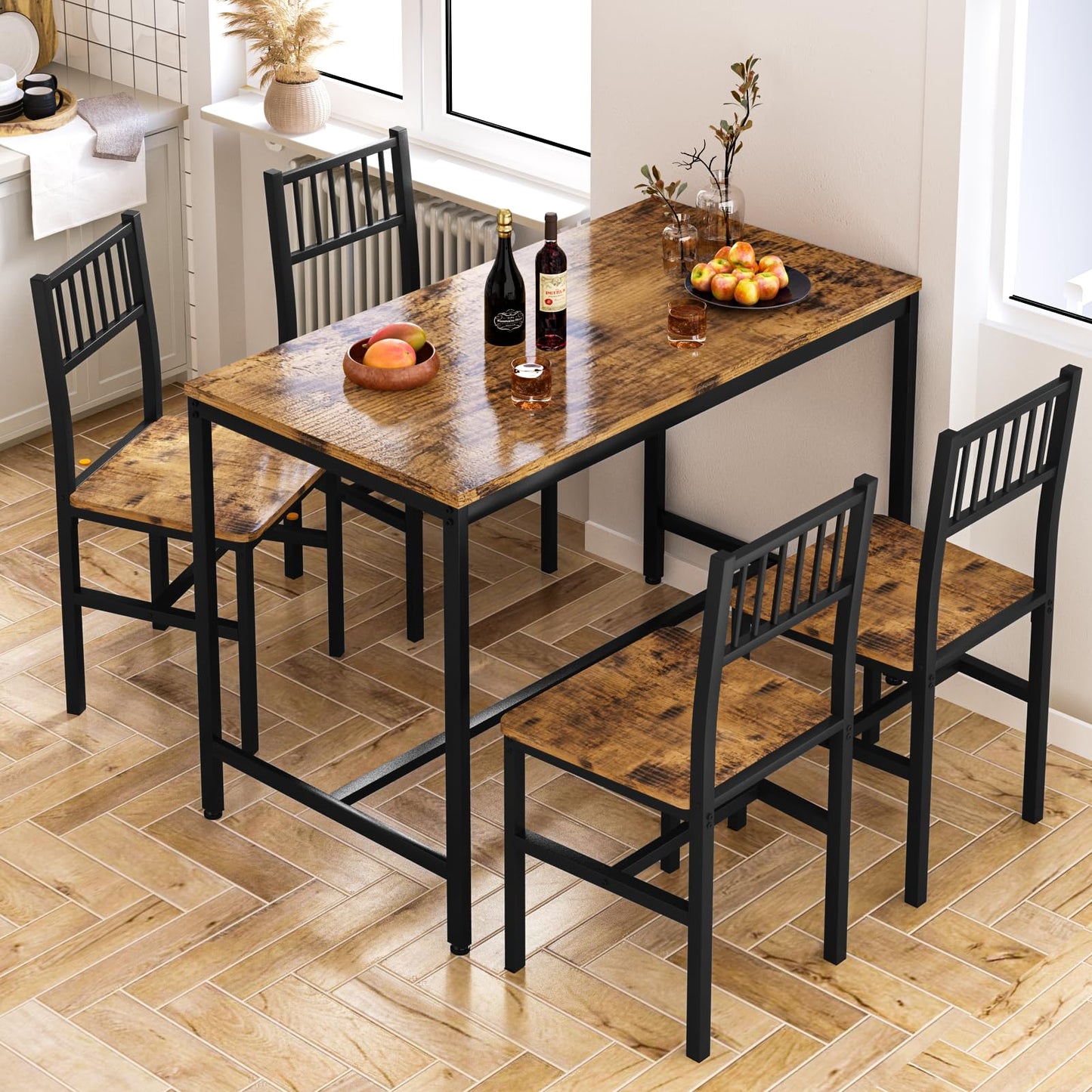 AWQM 5 Pieces Dining Table Set, Industrial Dining Table and Chairs for 4, Metal Frame with Wood Top, Kitchen Table Set for Dining Room, Breakfast Nook, Small Space, Rustic Brown