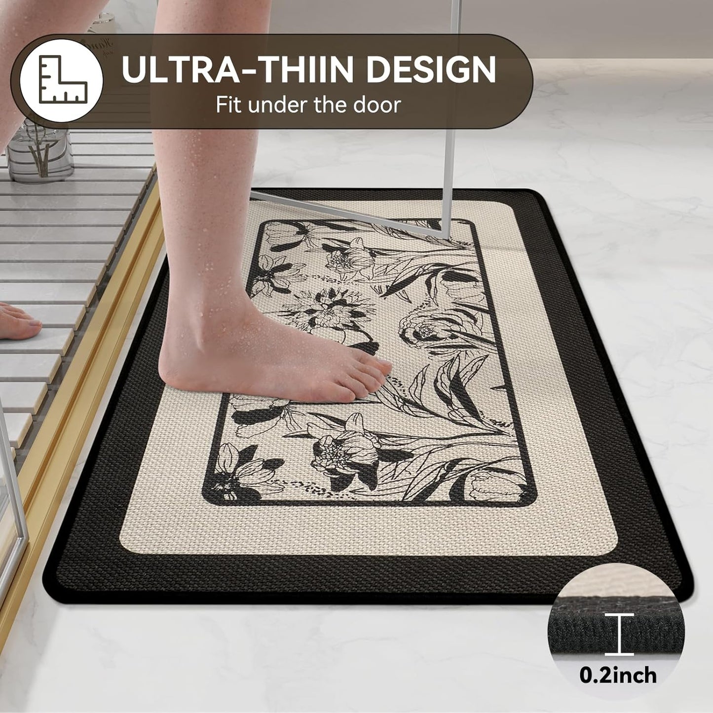 Bathroom Rugs, Ultra Thin Bath Mat Fit Under Door Super Absorbent Non Slip Quick Dry Bath Mat, Rubber Backing Shower Mat Outside Shower