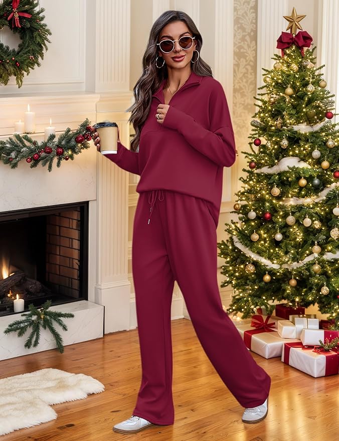 Totatuit Womens Sweatsuits 2 piece Set Lapel Half Zip Lightweight Sweatshirts and Wide Leg Pants Tracksuit Lounge Sets