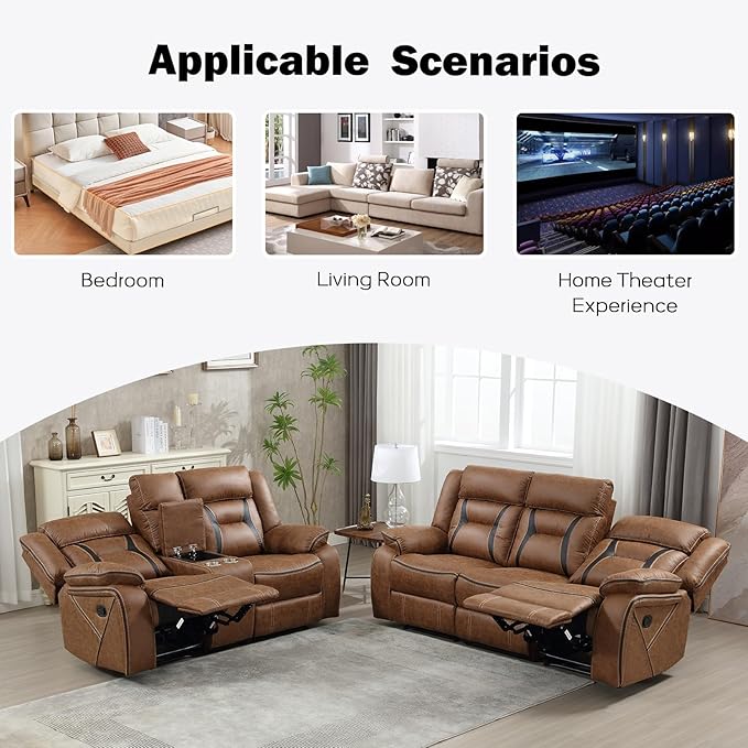 EBELLO Manual Recliner Sofa Set, Faux Leather Reclining Living Room Furniture Set, Included Loveseat and 3 Seat Manual Recliner Sofa, Brown(Loveseat+Sofa)