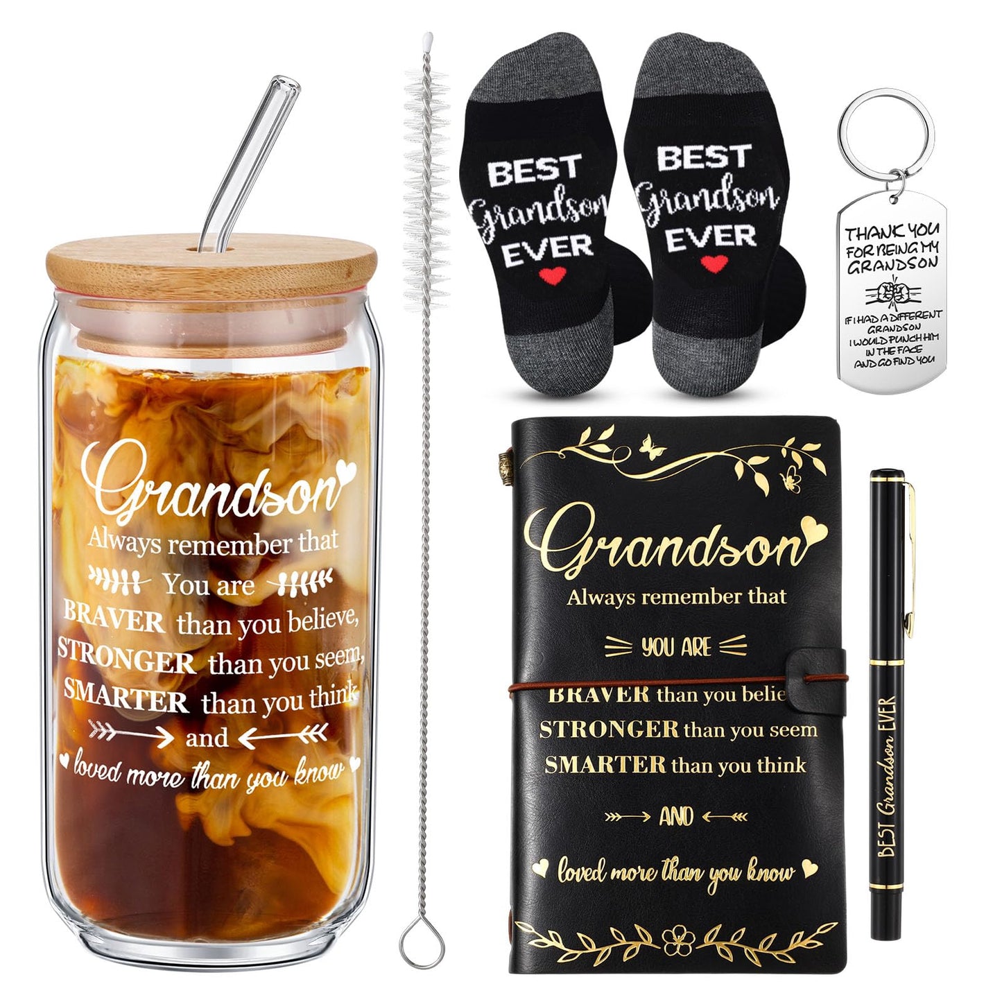 Teenyyou 5 Pcs Grandson Gifts from Grandma Grandpa Birthday Christmas Back to School Wedding Funny 16 oz Glass Cups Best Grandson Ever Socks Keychain Leather Refillable Journal Notebook Ballpoint Pen