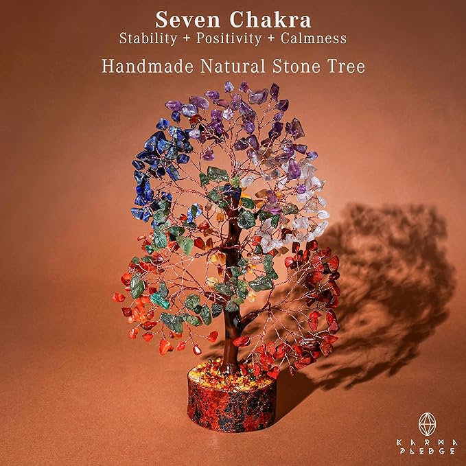 KARMAPLEDGE 7 Chakra Healing Crystal Tree of Life with Manifestation Card, Handmade Copper Wire Crystal Tree for Good Luck, Positive Energy, Wealth, Reiki Healing, and Decor, Gift for Women and Mom