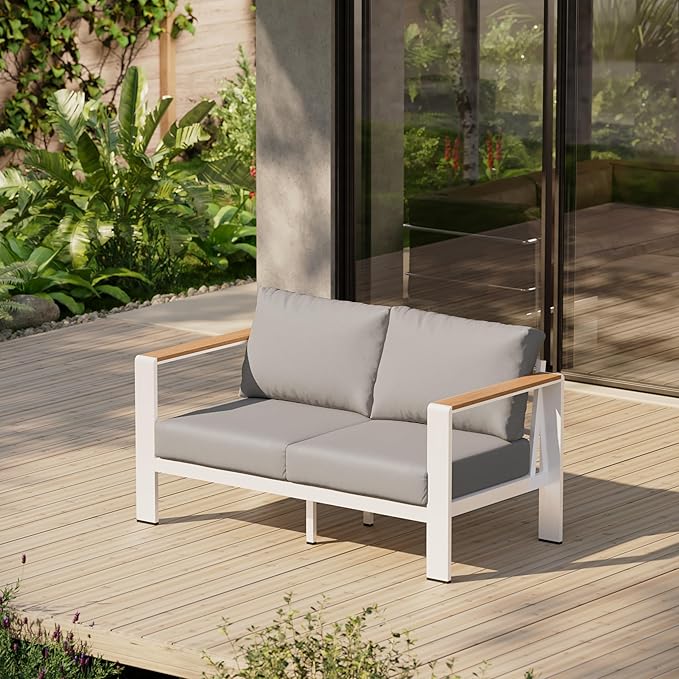 Oasbira Aluminum Outdoor Patio Furniture Loveseat, All-Weather Outdoor Patio Sofa with Washable Thick Cushion, Patio Sofa Couch for Porch, Balcony, Deck, Yard, White