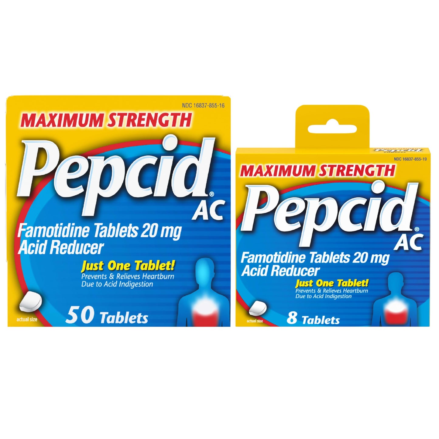 Pepcid AC Maximum Strength Heartburn Relief Tablets, 20mg Famotidine Acid Reducer, Fast-Acting OTC Medicine Prevents & Relieves Heartburn Due to Acid Indigestion, 8-Count Travel Pack & 50-Count Bottle
