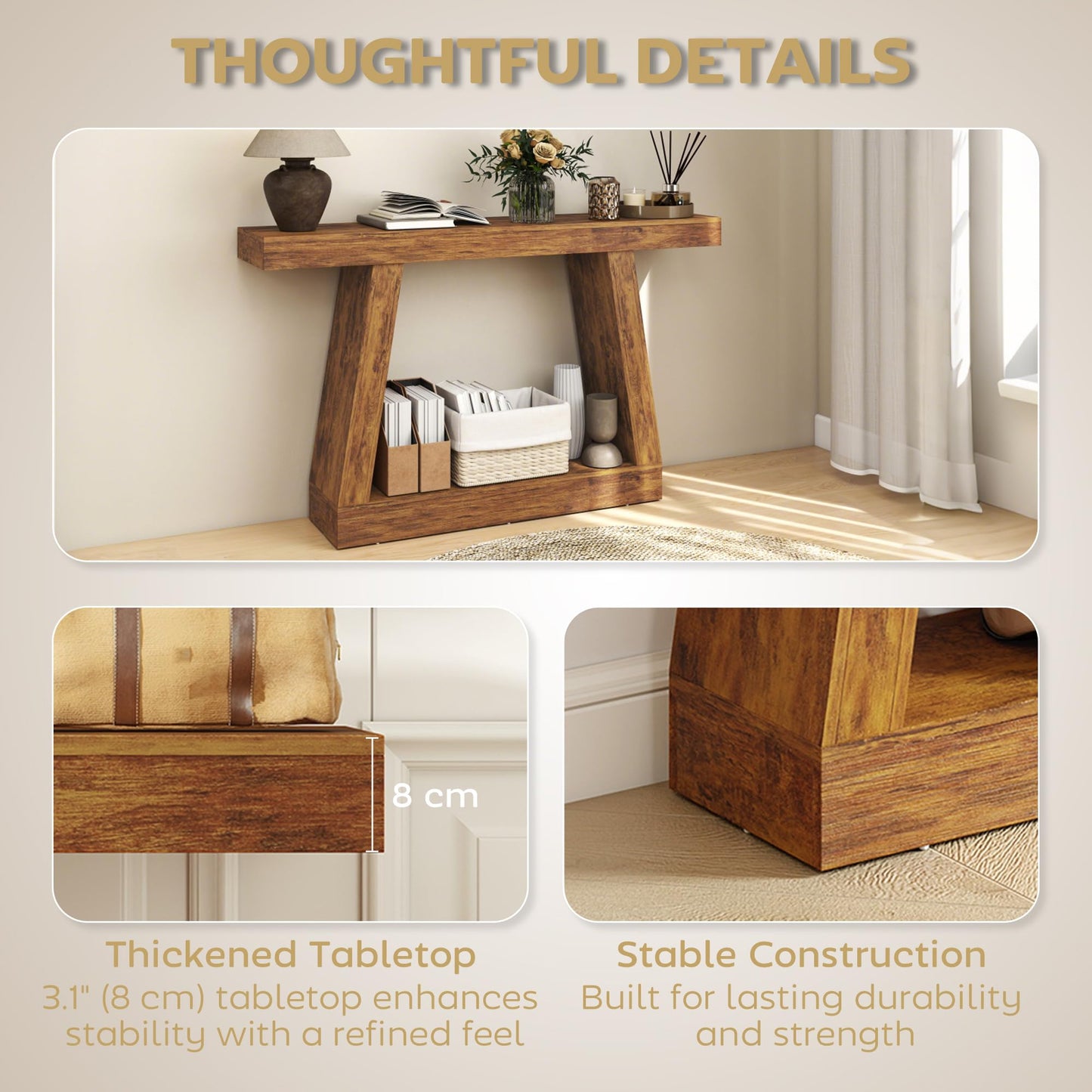 HOMCOM 55.1" Entryway Table, 2-Tier Farmhouse Console Table with Thickened Tabletop, Storage Shelf and Trapezoidal Base for Entryway, Behind Couch Sofa, Living Room, Hallway, Entrance, Rustic Brown