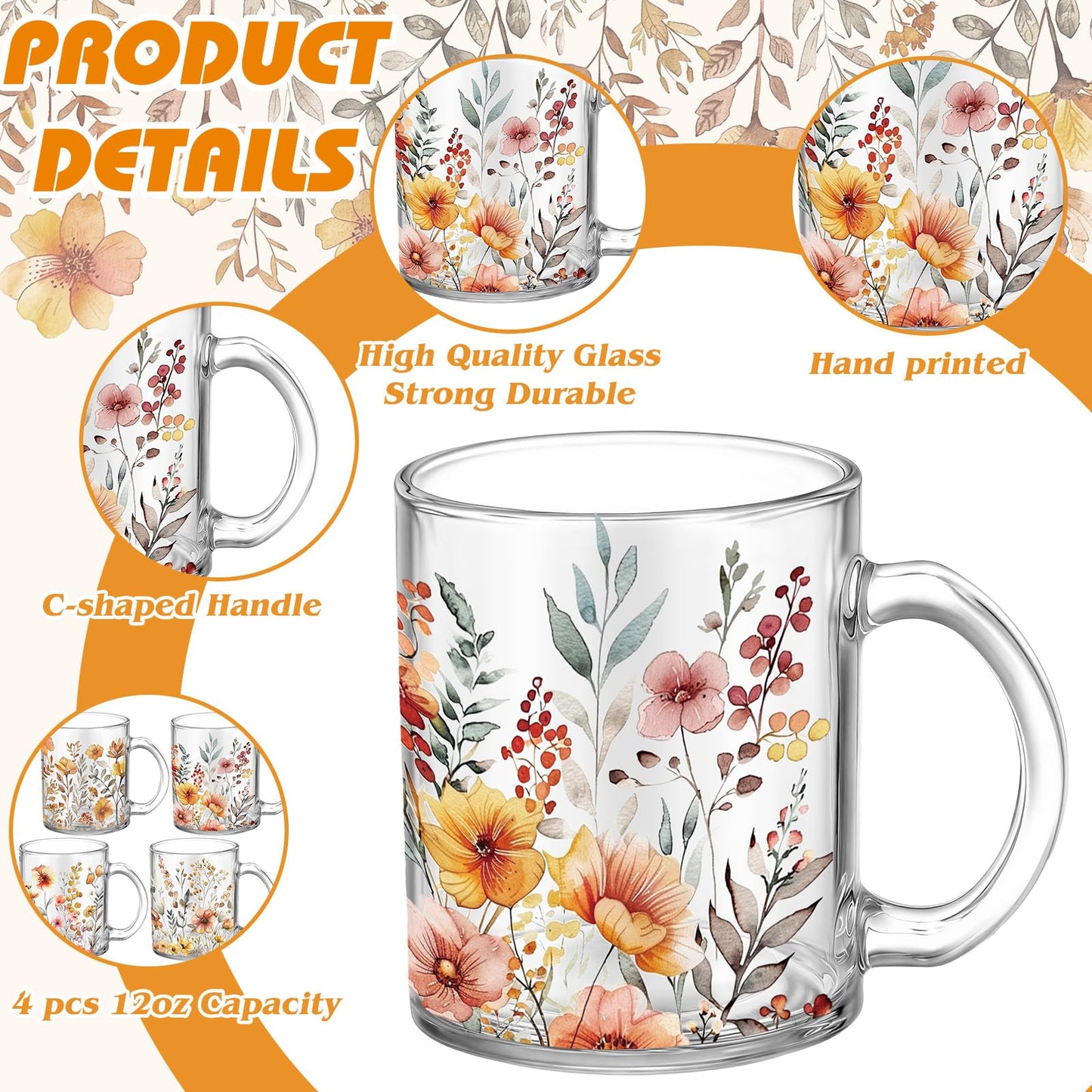 Tioncy 4 Pcs Fall Floral Coffee Mugs 12 oz Flower Glass Cups with Handle Thanksgiving Floral Coffee Cup Autumn Mug Sweet Fall Gifts Drinking Containers for Harvest Holiday Party (Wildflower)